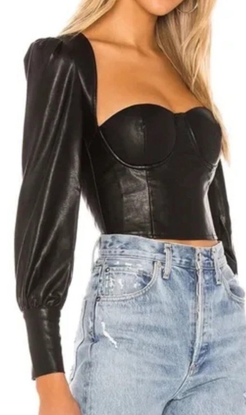 NEW NBD Fia Faux Leather Bustier Corset Puff Sleeve Top Black Women's Medium